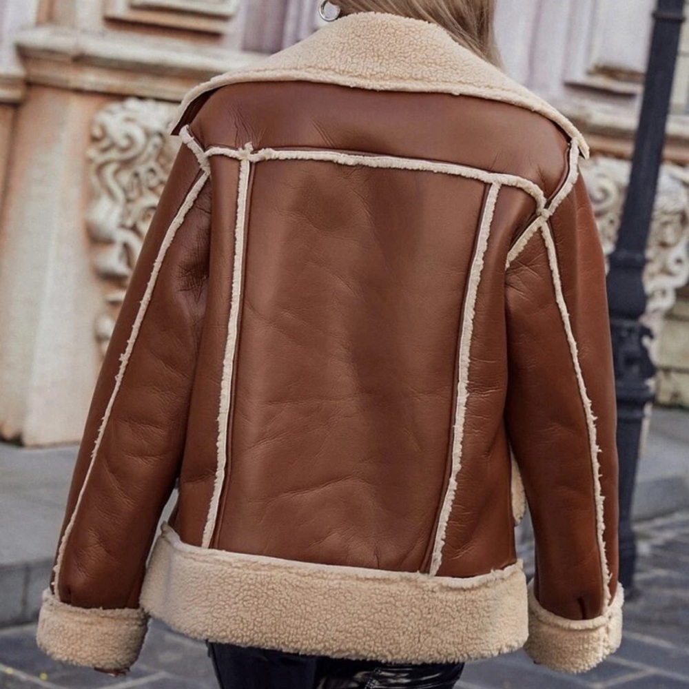 Teddy lined vegan leather oversized jacket coat brown tan faux fur shearling - Picture 3 of 3